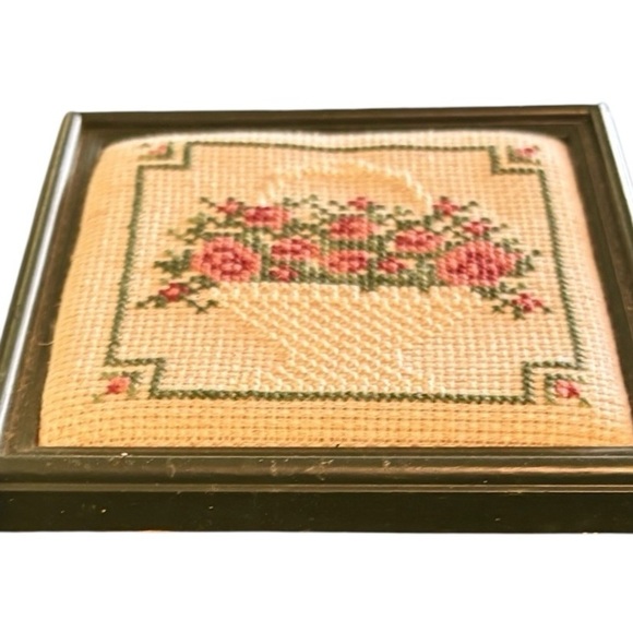 Cross Stiched “May” Basket Of Flowers 4.5X4.5 Square Framed Decor Blue Pink - Picture 2 of 3